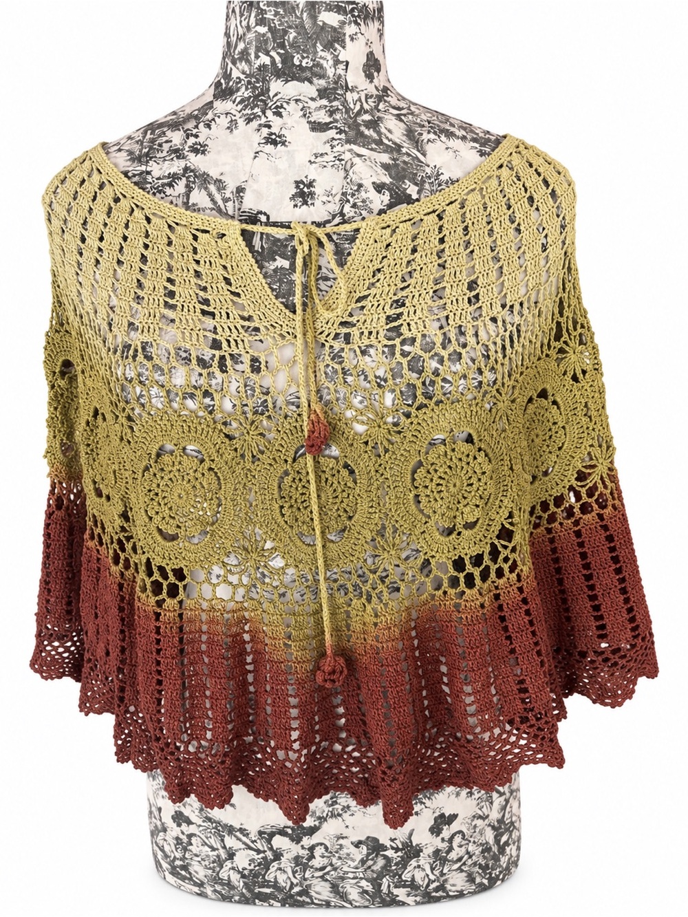 Arden B Crochet Tie-Front Poncho in Olive and Rust